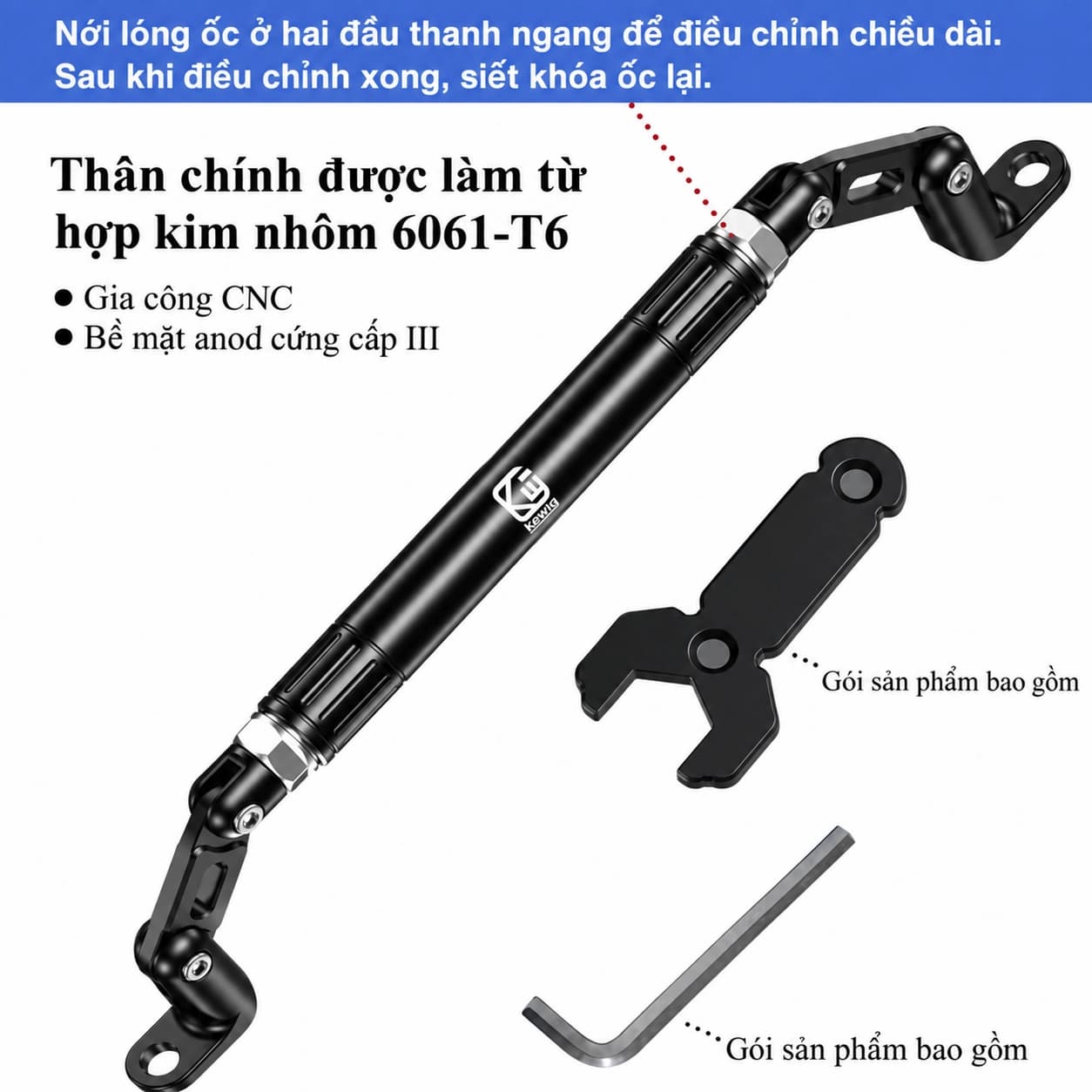 Thanh giằng bắt chân gương xe máy, xe điện có khớp chỉnh góc Kewig HB6