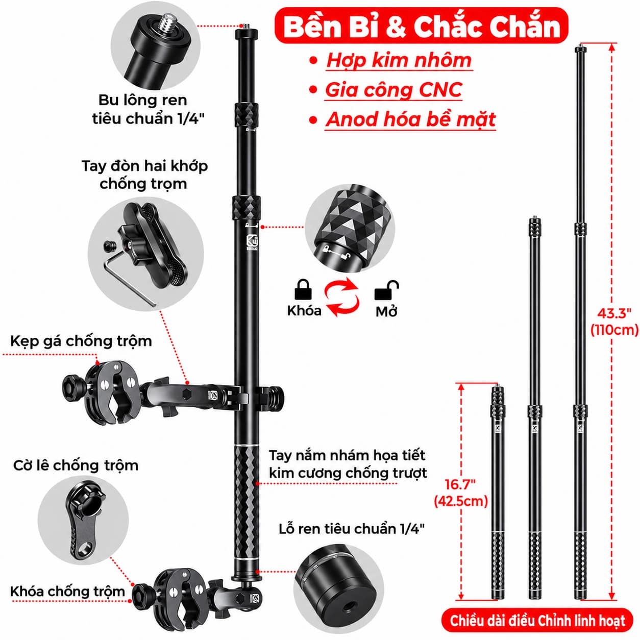 Cần gắn camera hành trình kẹp càng cua Kewig QG-2