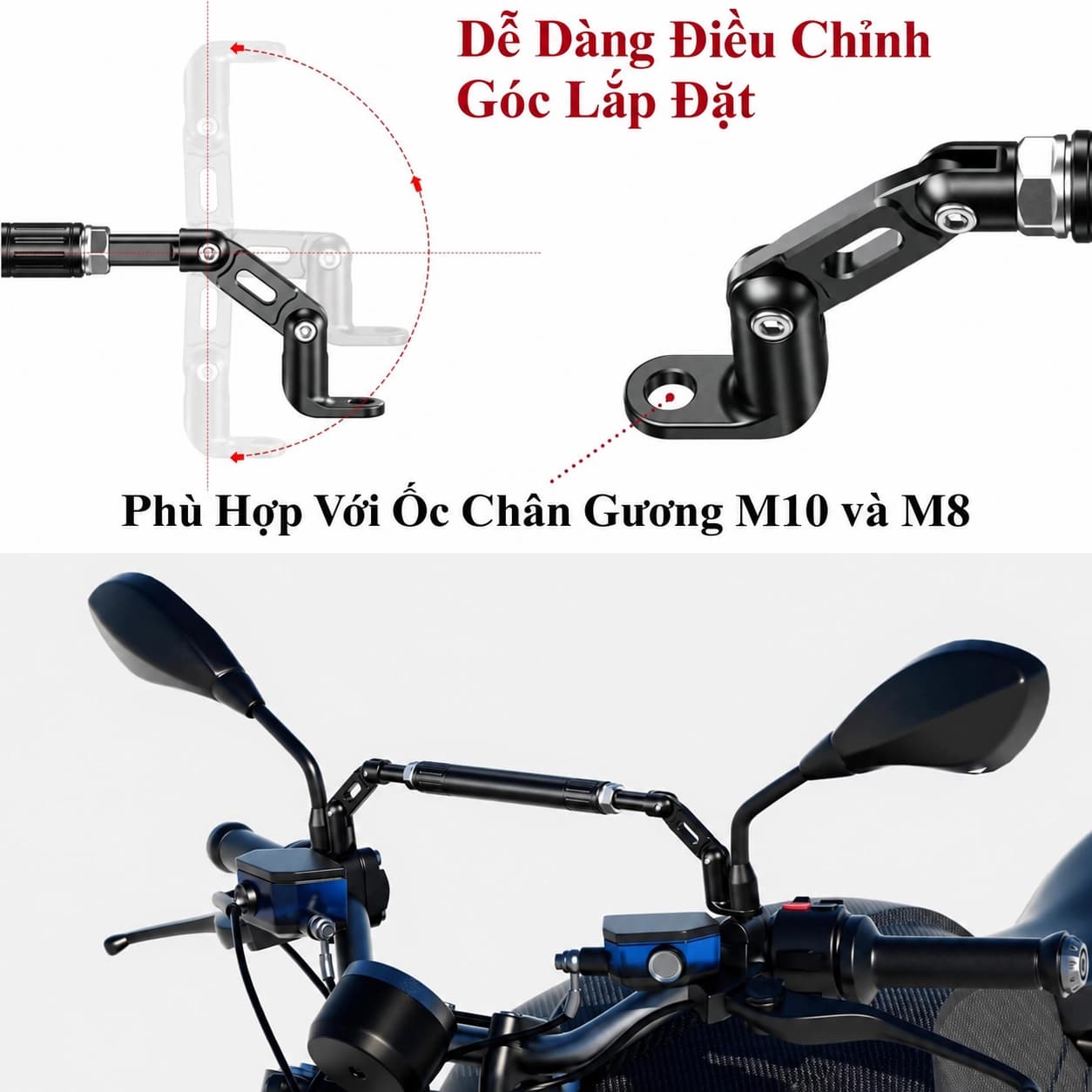 Thanh giằng bắt chân gương xe máy, xe điện có khớp chỉnh góc Kewig HB6