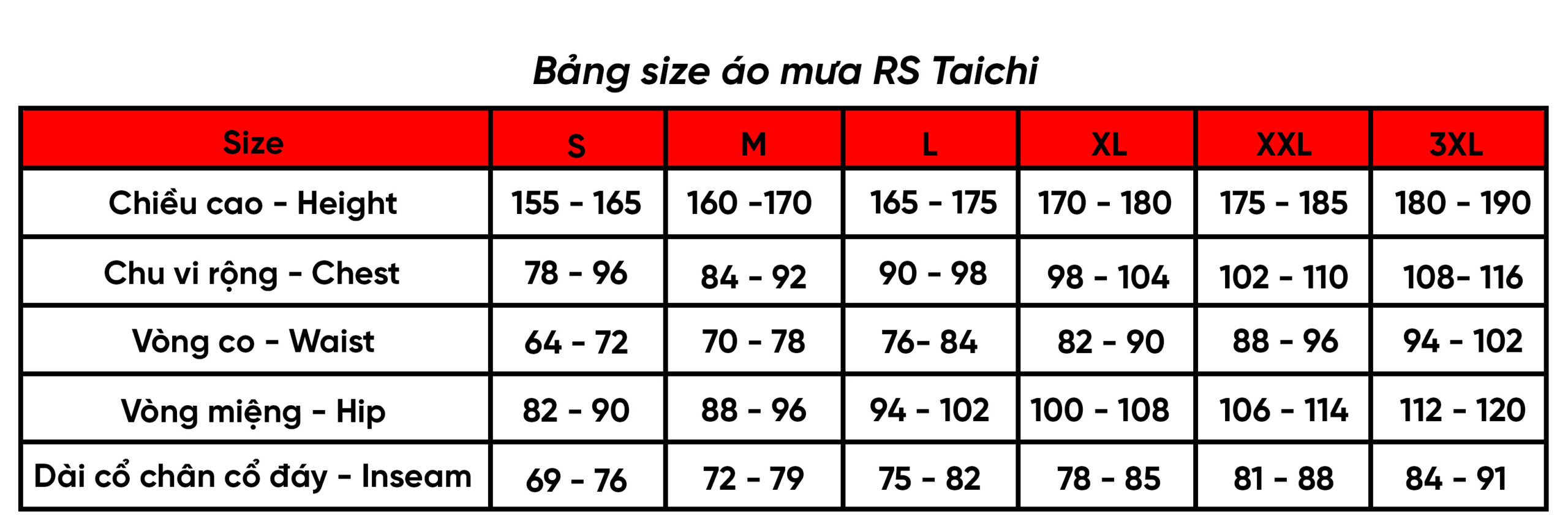 Bảng size áo mưa RS Taichi