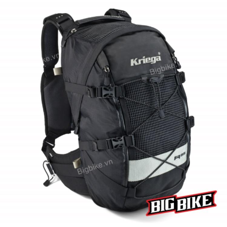 Balo Kriega màu đen với dây đai cố định và ngăn lưới phía trước dành cho biker đi phượt moto